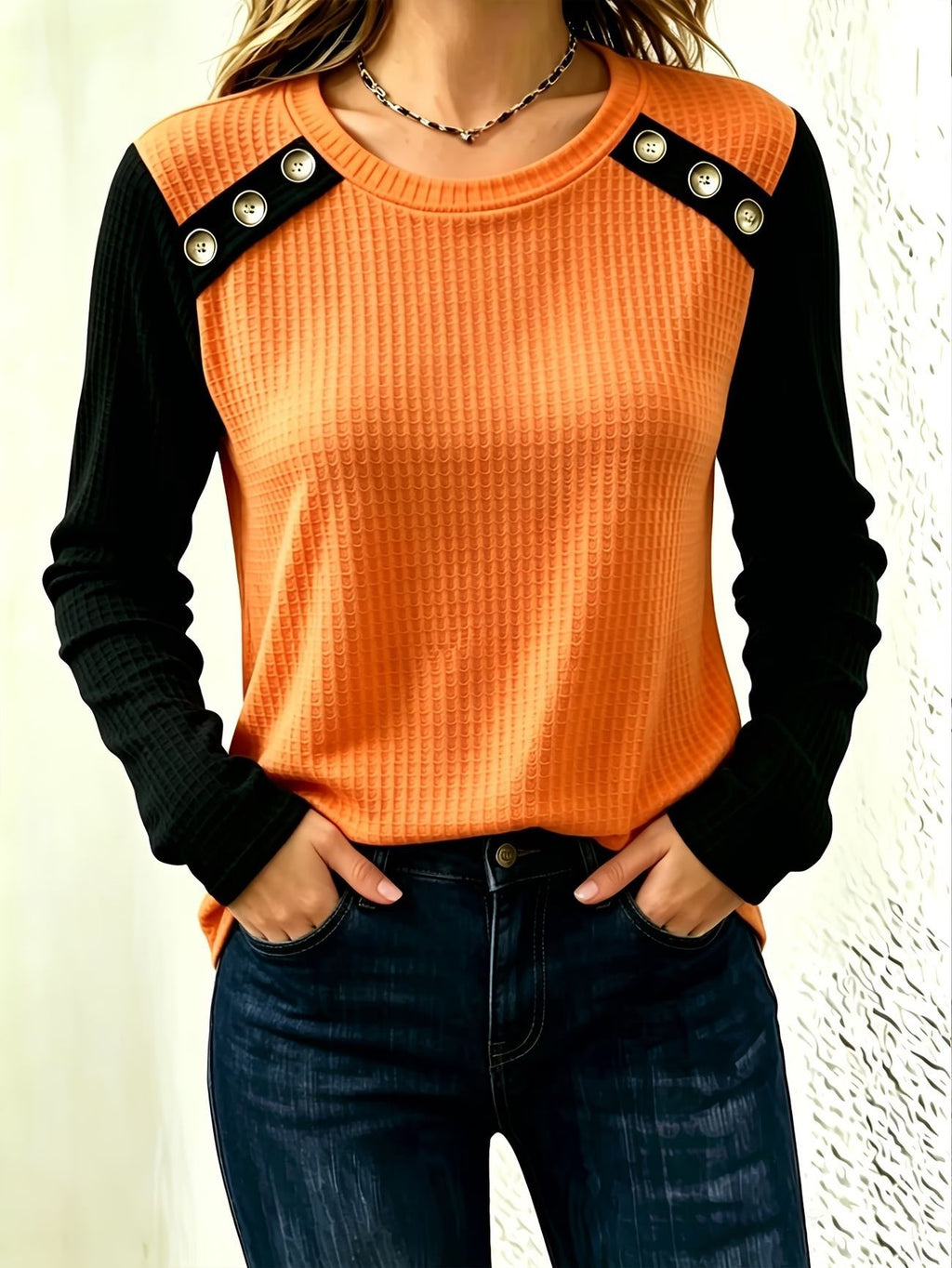 FallWinter Crew-neck Patchwork Waffle-knit Long-sleeve Top by Ricaloux