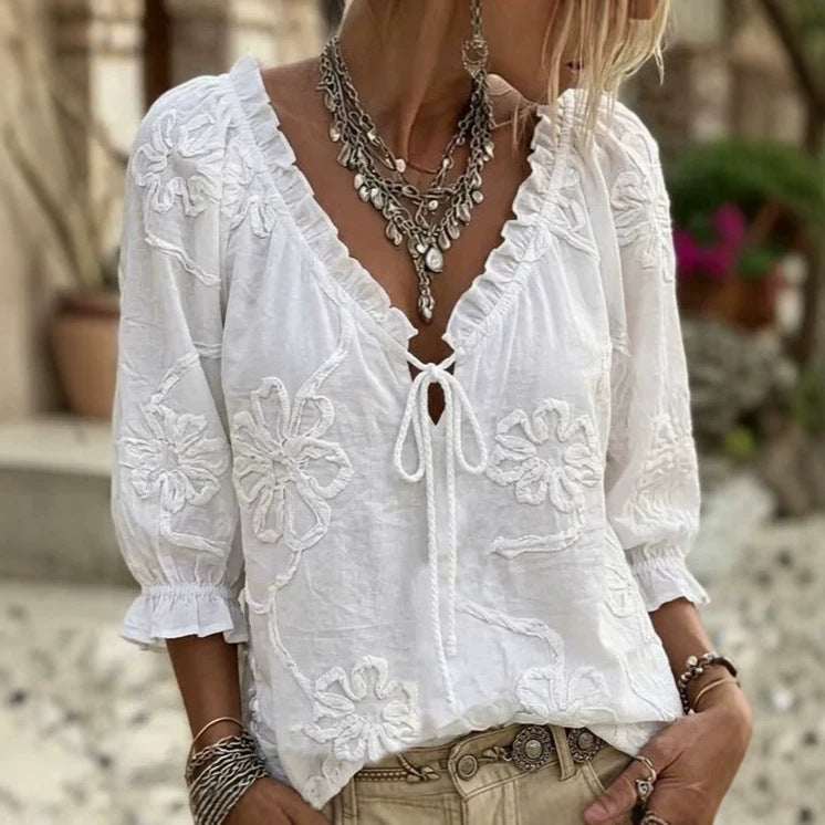 Embroidered Jacquard Ruffle-Trimmed Drawstring V-Neck Top by Ricaloux