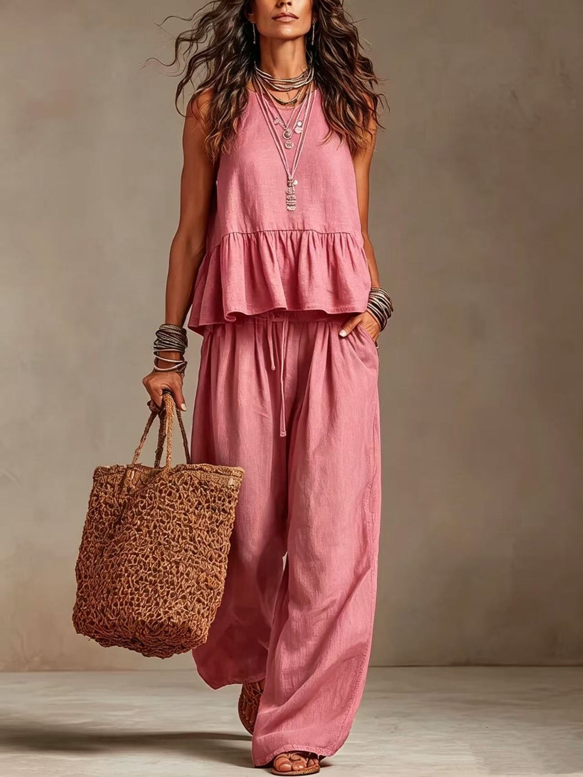 V-Neck Ruffle Hem Sleeveless Crop Top & High Waist Wide Leg Linen Pants Two Piece Outfit Set by Ricaloux