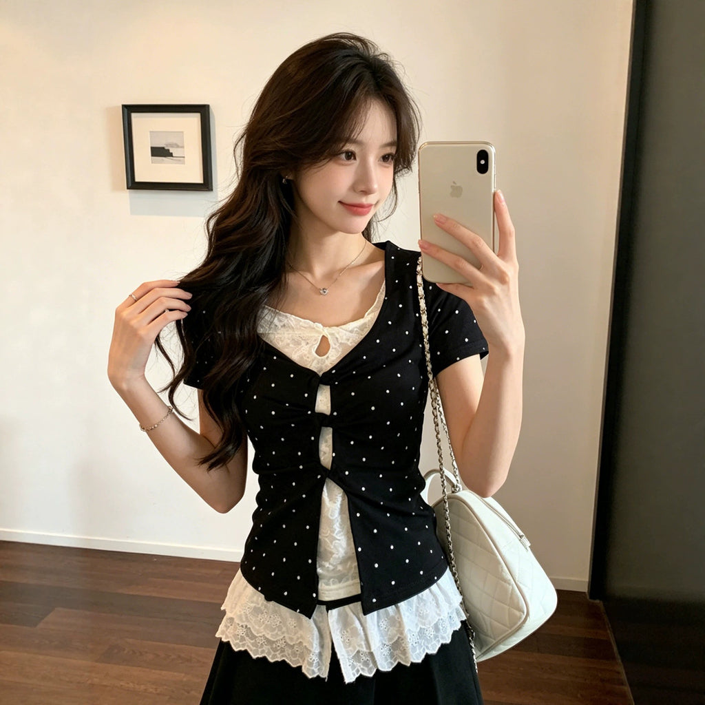 Black Polka-dot Faux Two-piece Lace Square-shoulder Short Sleeves by Ricaloux