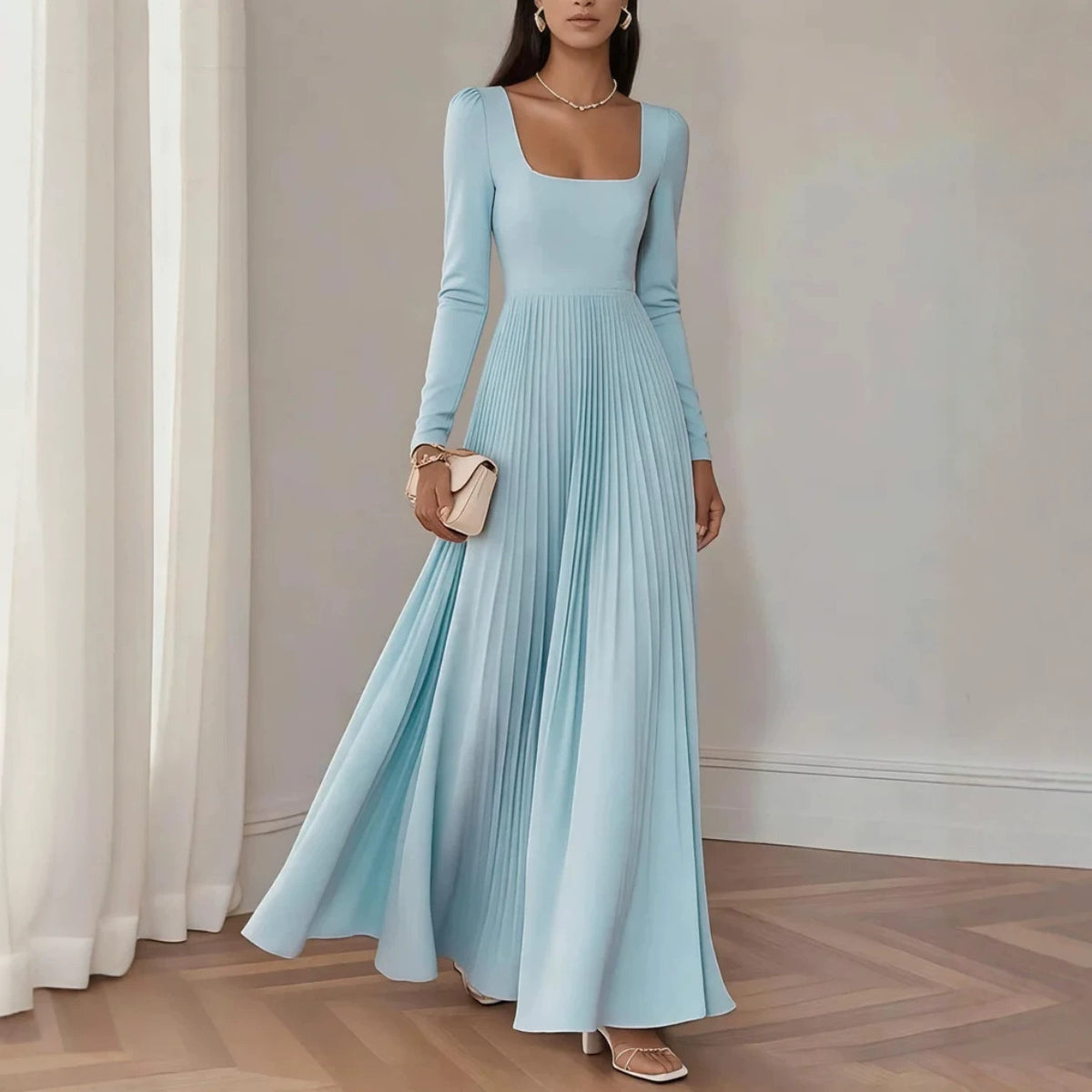 Womens Square-neck Long-sleeve Waist-cinching Pleated Dress – Premium 0 | RICALOUX
