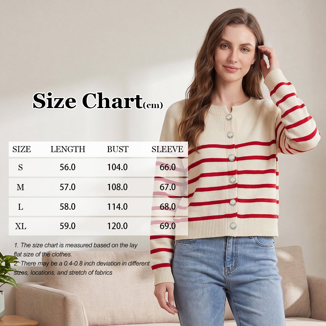 Women's Striped Knit Cardigan Red White Crewneck Button Up Sweater Coat Casual Long Sleeve Knitwear by Ricaloux