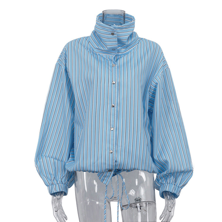 Fashionable Stand-Neck Striped Shirt For Women by Ricaloux