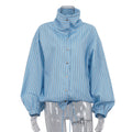 Fashionable Stand-Neck Striped Shirt For Women by Ricaloux