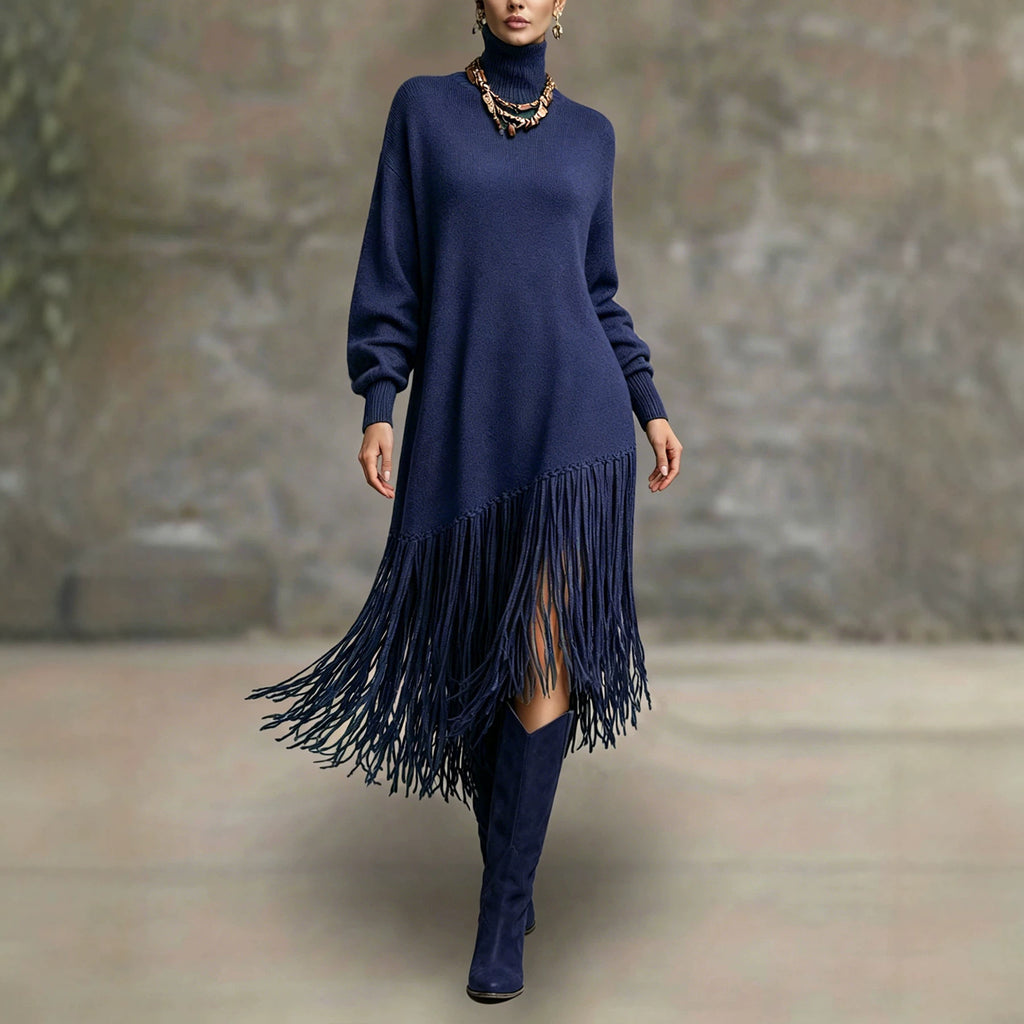 Womens Long Tassel Solid-Color Versatile Dress by Ricaloux