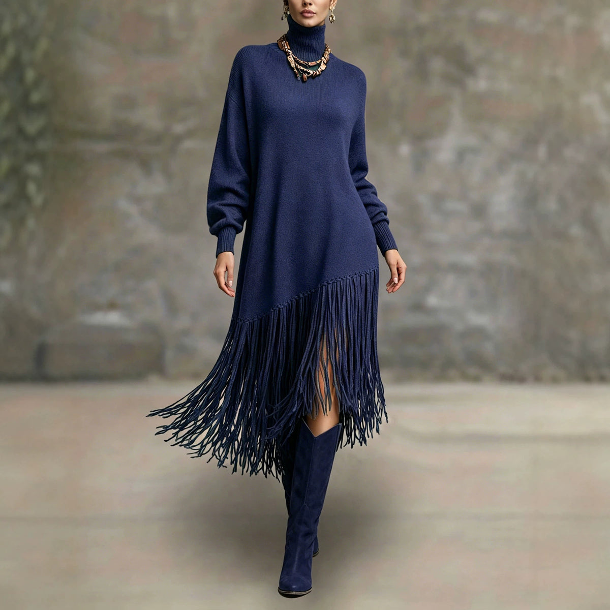 Womens Long Tassel Solid-Color Versatile Dress by Ricaloux