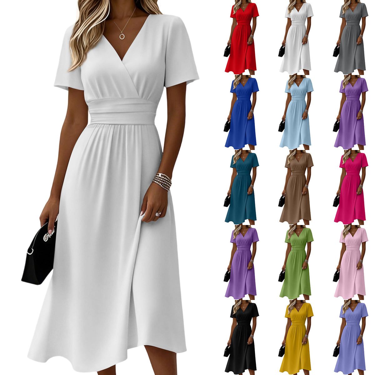 Womens Solid-Color Casual Short-Sleeve V-Neck Dress by Ricaloux