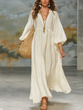 Deep-V Lantern-sleeve Loose-fit Flared Dress by Ricaloux