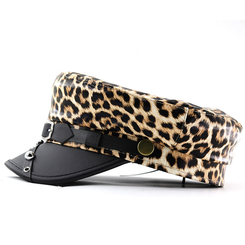 Lady Leopard-print PU Leather Bold Stud Belt Design Beret With Retro British Style Metal Fastener, Unique Edgy Girl Punk Hat, Street Style Versatile Hat by Ricaloux