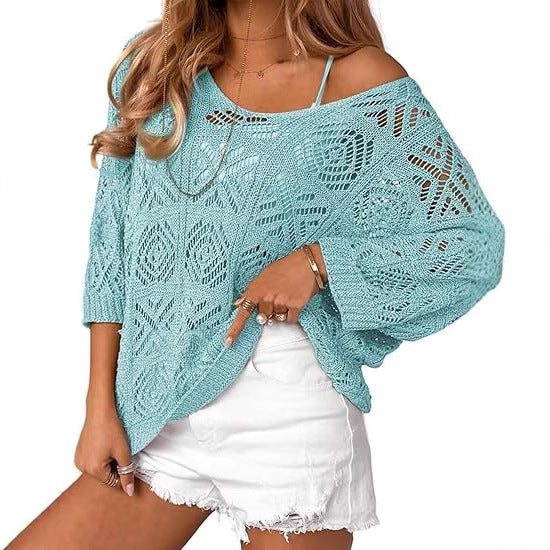 Crochet Hollowed-Out Three-Quarter-Sleeve Pullover Sweater by Ricaloux