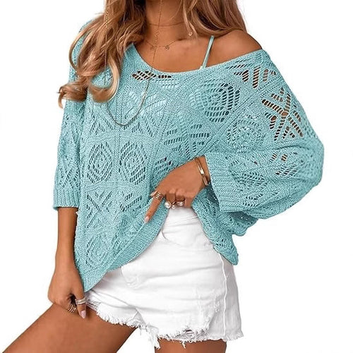 Crochet Hollowed-Out Three-Quarter-Sleeve Pullover Sweater by Ricaloux