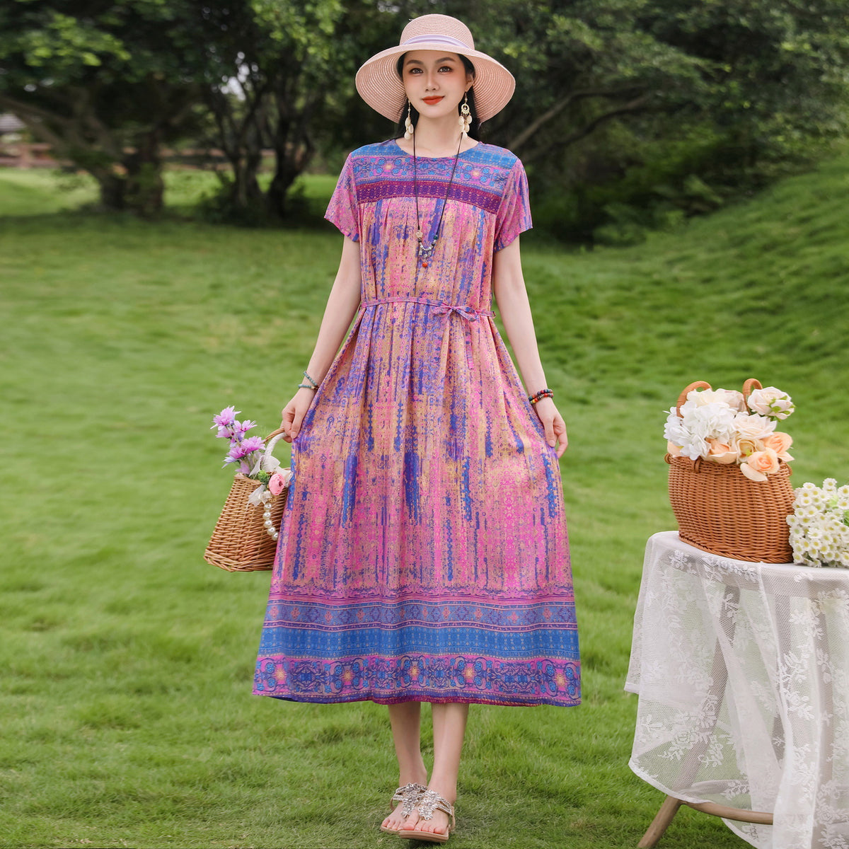 New Elegant Cotton Silk Dress For Middle Aged And Senior Women by Ricaloux