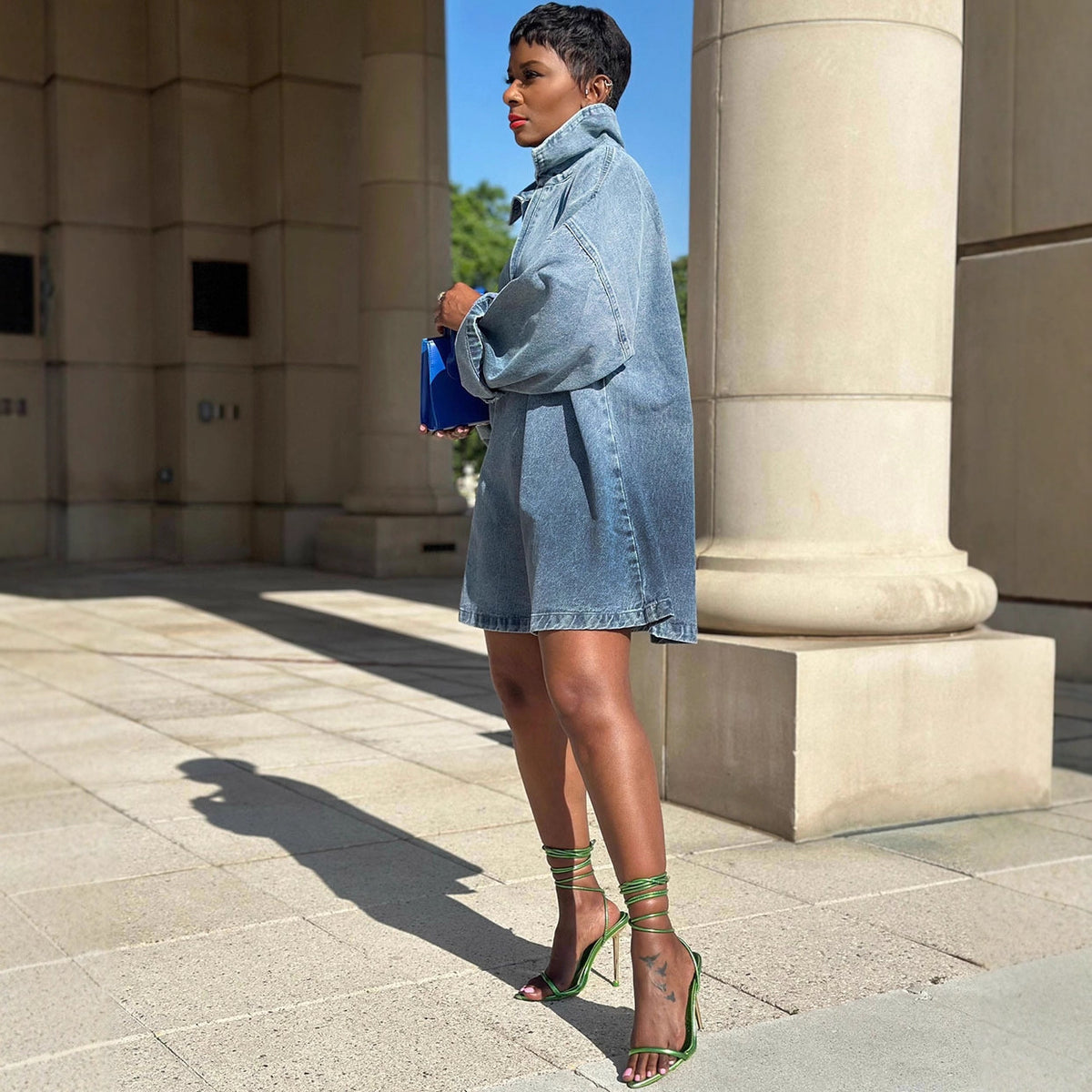 Womens Relaxed-Style Fashionable Denim Skirt With Notch Lapel Ombre Long Sleeves by Ricaloux