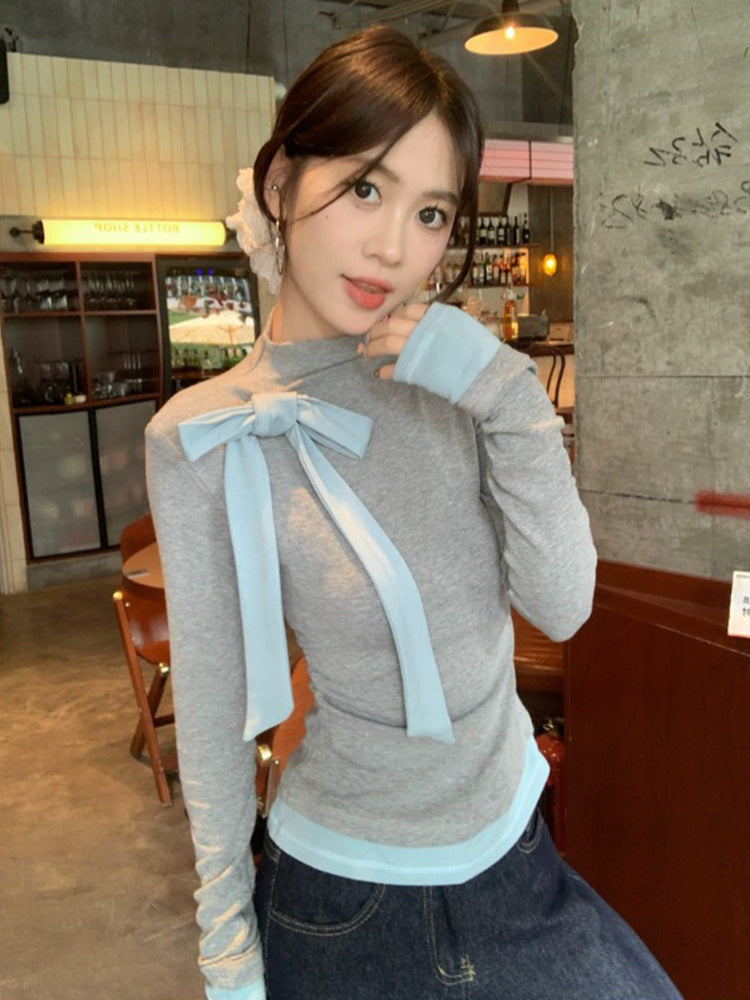 Bow-tied Contrast-Color Long-Sleeve T-Shirt For Women by Ricaloux
