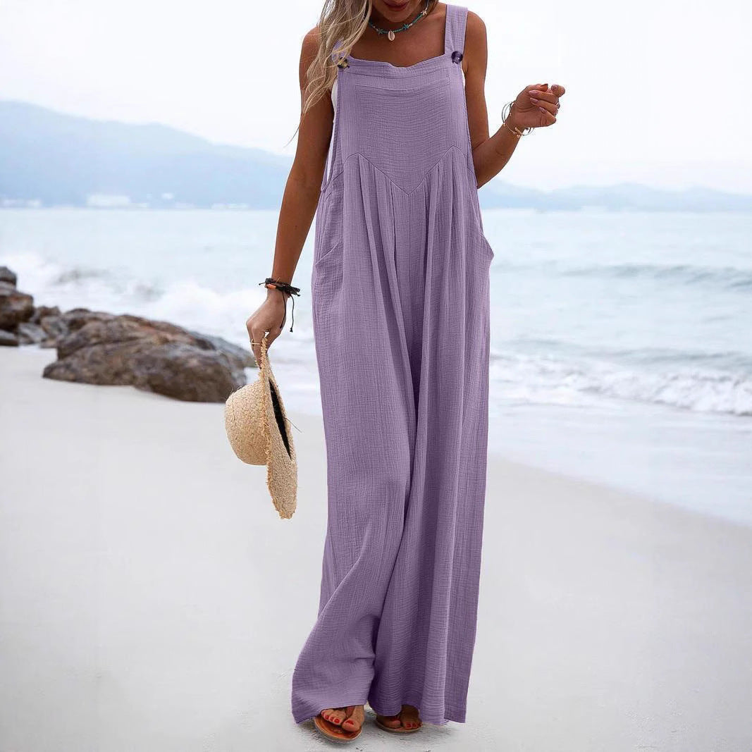 Sleeveless Wide-leg Buttoned Ethnic-style Jumpsuit by Ricaloux