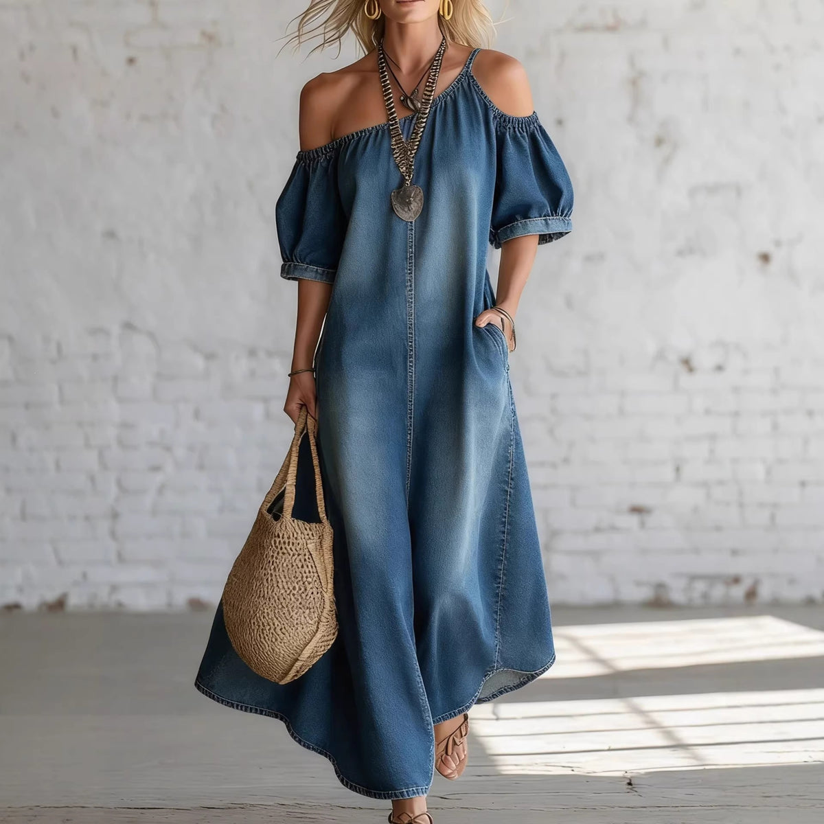 Loose-fit Chic Off-shoulder Slit Denim Maxi Dress by Ricaloux