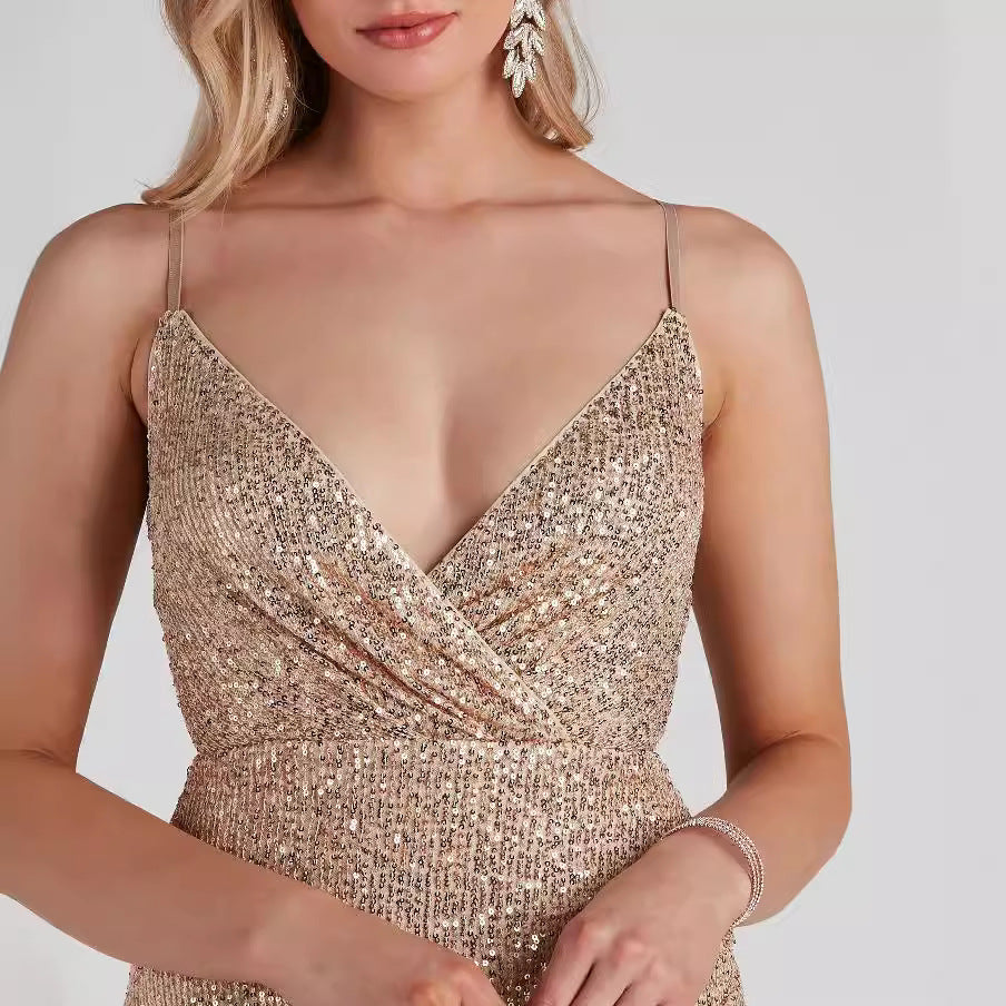 Womens Sexy V-Neck Sequined Bodycon Strap Dress by Ricaloux