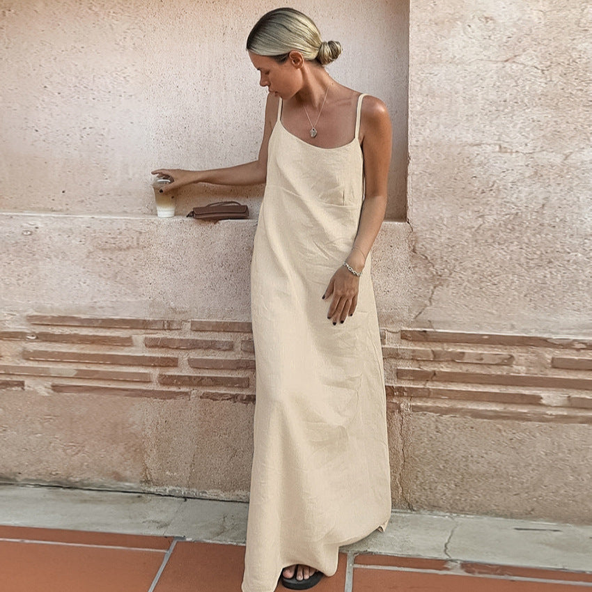 Womens Cotton-linen Strap Backless Dress – Premium 0 | RICALOUX