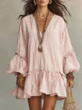 Womens Striped Print V-Neck Long-Sleeve Dress by Ricaloux