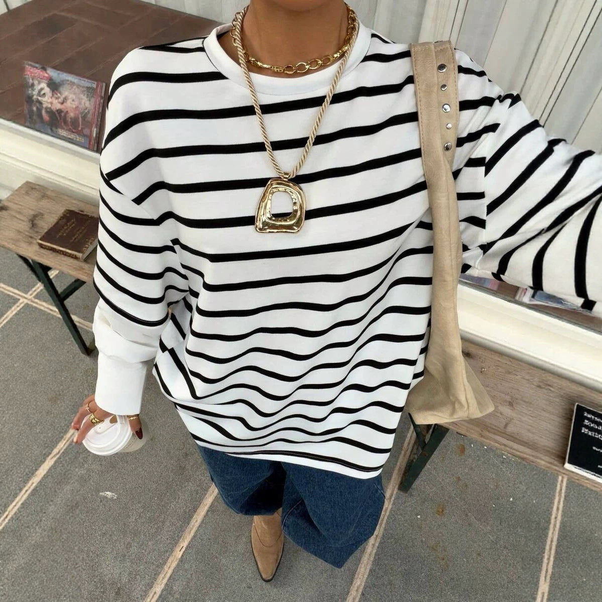 Womens Round-neck Striped Loose-fit Mock Two-piece Hoodie – Premium 0 | RICALOUX