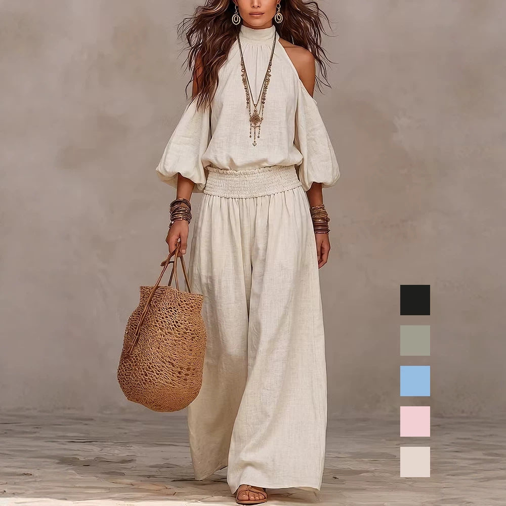 Womens Fashionable Casual Round-Neck Loose-Fit Long-Sleeve Hollow-Out Top And Pleated Pants Set – Premium 0 | RICALOUX