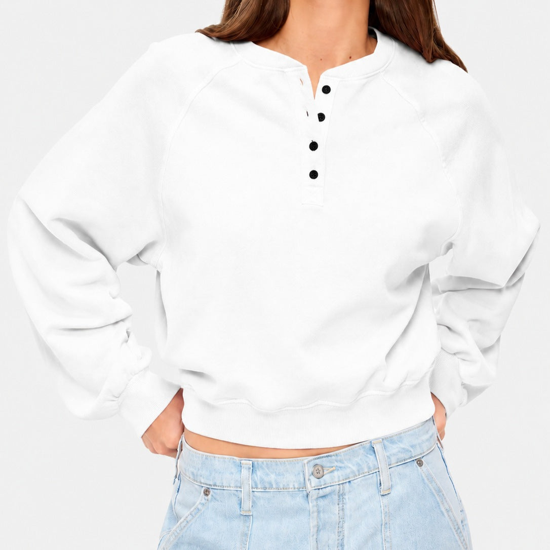 Womens Crew-neck Button-up Sweatshirt Loose-fit Casual Cropped Top by Ricaloux