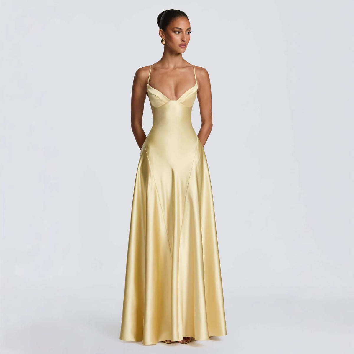 Satin Strapless Waist-cinching Maxi Evening Gown With A Deep V-neck And A Full Skirt In Satin by Ricaloux
