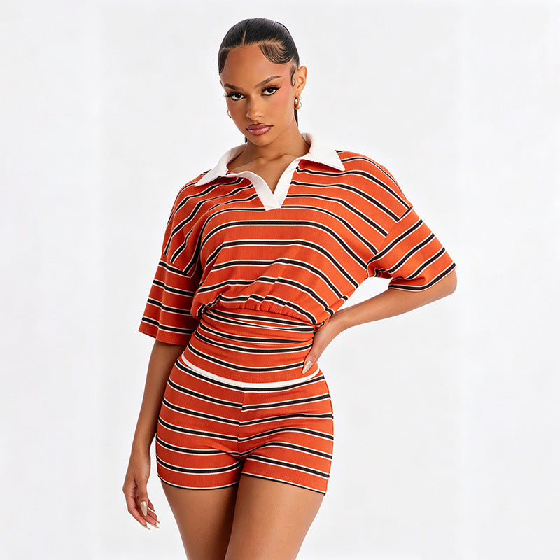 Womens Color-block Lapel Top And Shorts Set by Ricaloux
