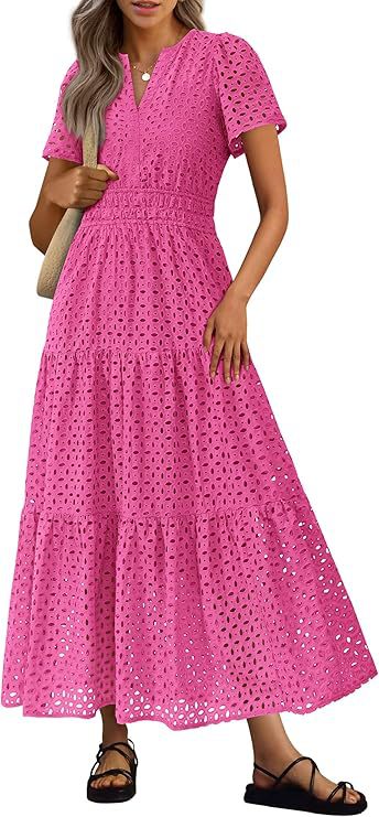Womens Short-Sleeve V-Neck Hollow-Out Dress by Ricaloux