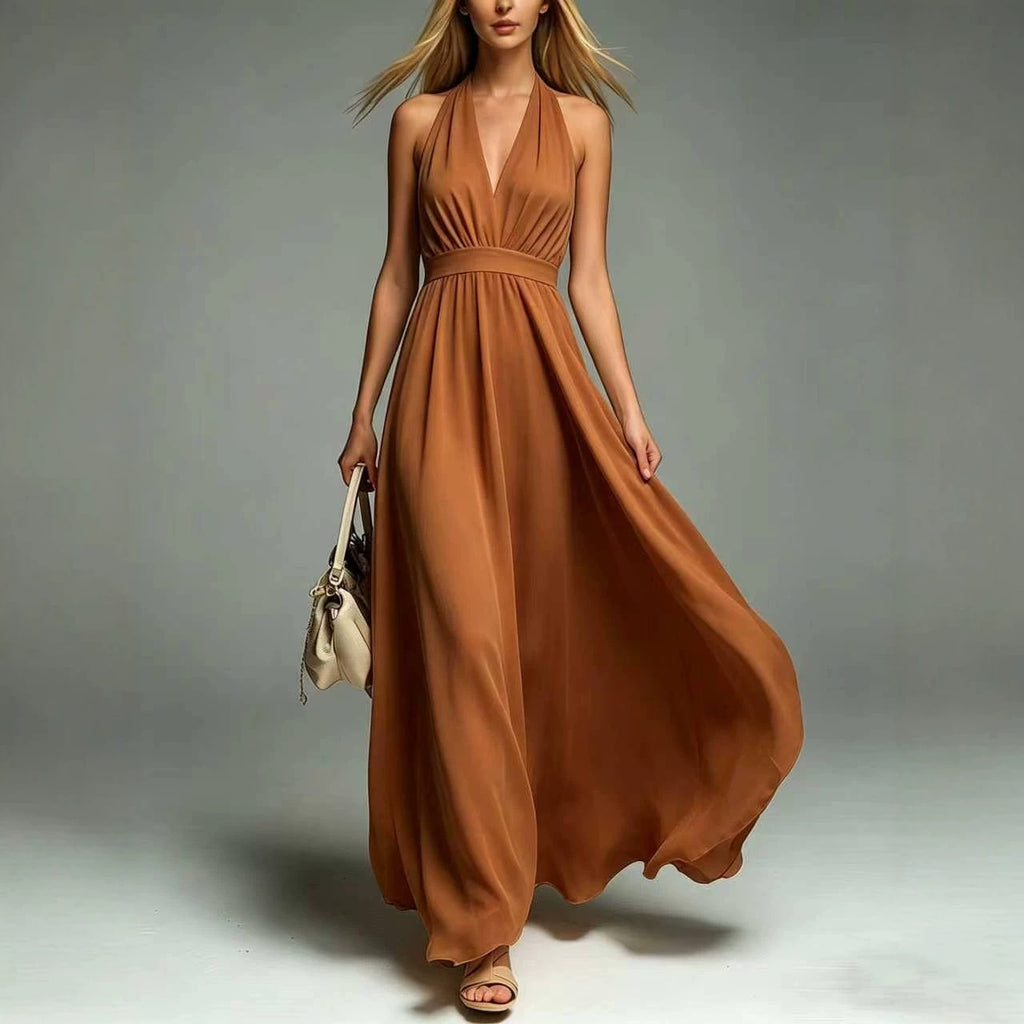 Womens New Solid-color V-neck Sleeveless Waist-cinching Dress – Premium 0 | RICALOUX