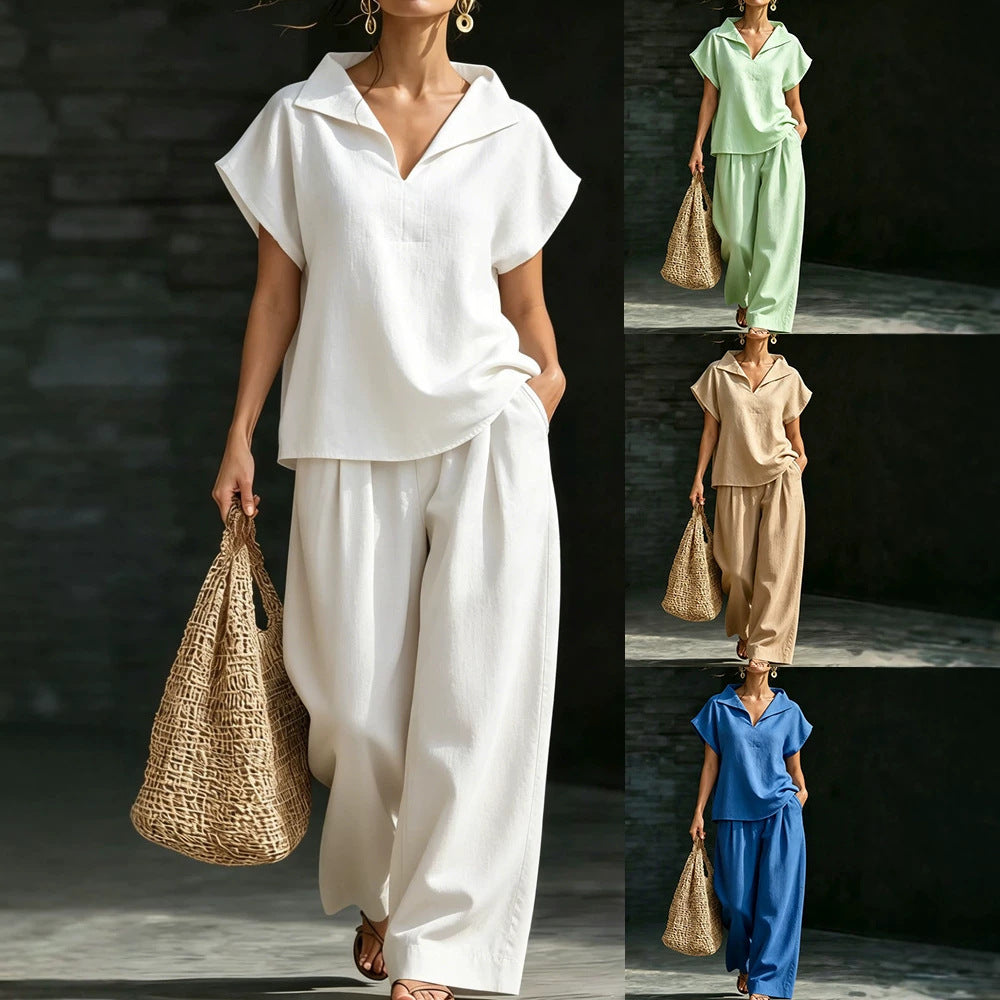 Womens Casual V-Neck Pullover Short-Sleeve Pants Set by Ricaloux