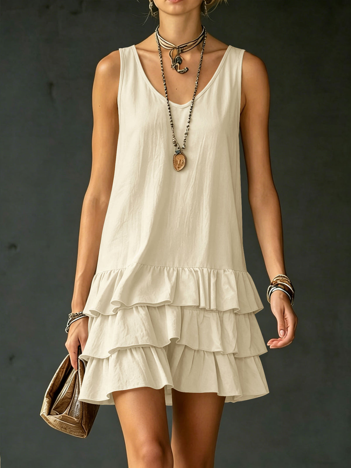 Women's Sleeveless V-Neck Layered Ruffle Mini Dress - Casual Loose Fit Summer Dress – Premium 4 | RICALOUX