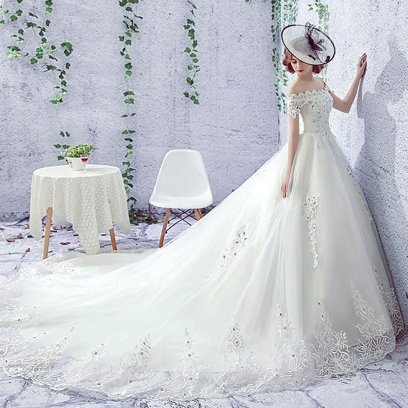 Wedding Dress Bride One-shoulder Trailing French Veil Hepburn Female - RICALOUX