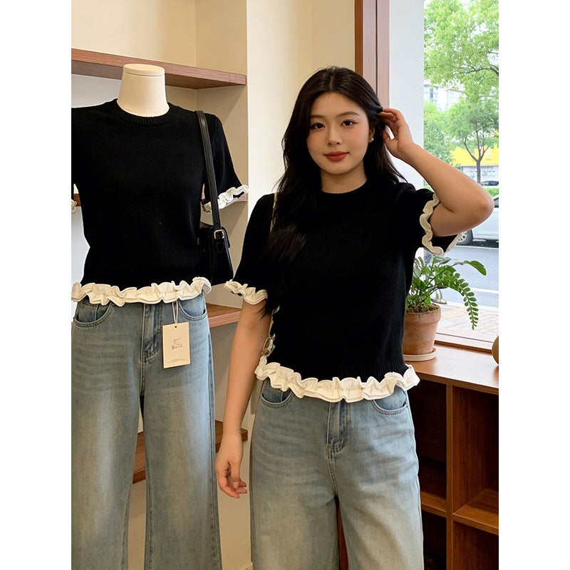 Elegant Wood Ear Trimmed Color-block Short-sleeve T-shirt by Ricaloux