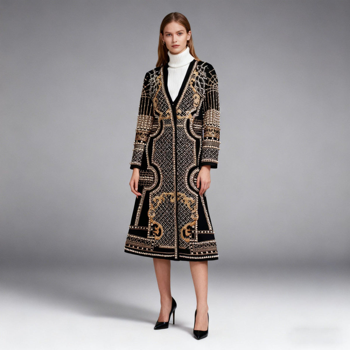 Womens Long Suit-Style Trench Coat With Floral Print And Beading by Ricaloux