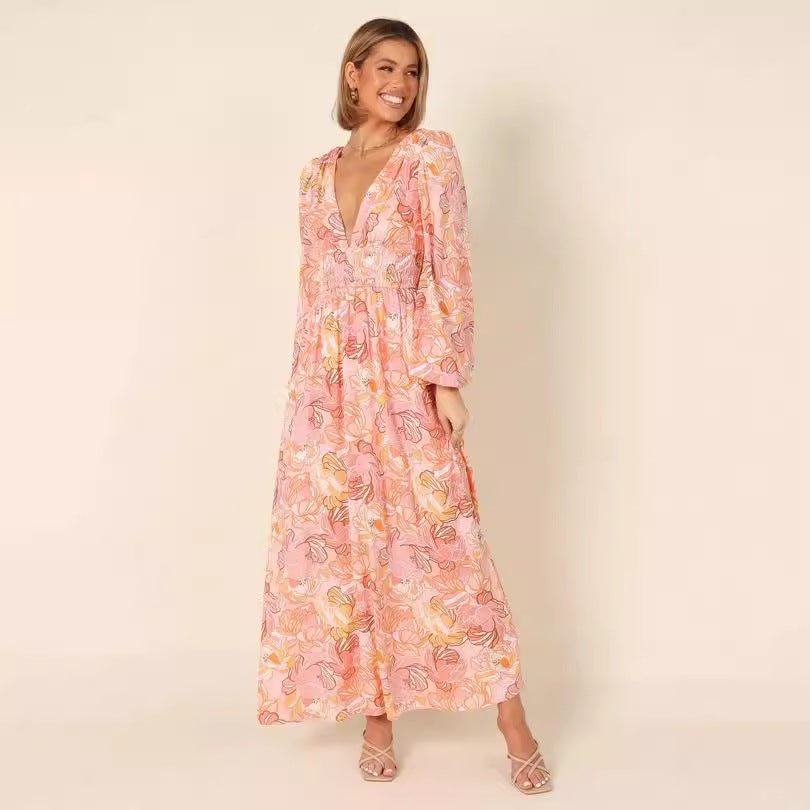 Printed Backless Deep-V Sexy Best-selling Long-sleeve Dress – Premium 0 | RICALOUX