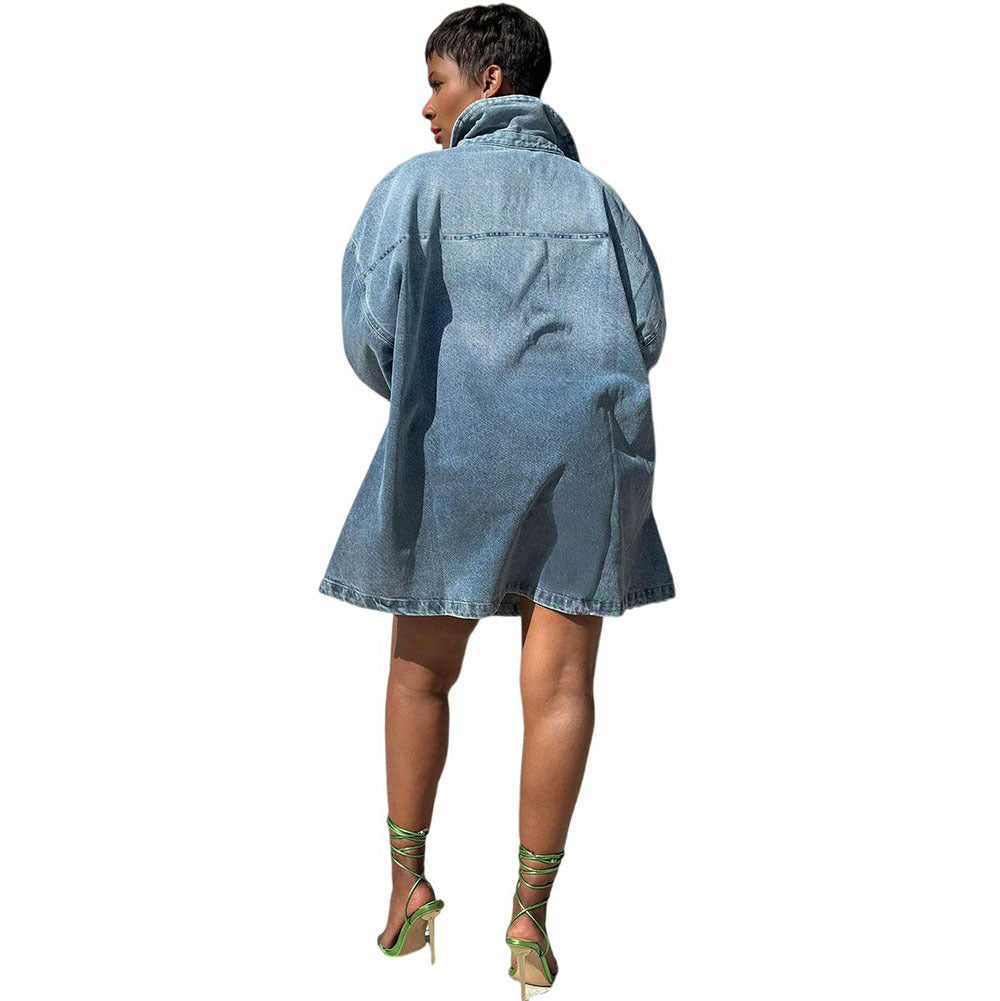 Womens Relaxed-Style Fashionable Denim Skirt With Notch Lapel Ombre Long Sleeves by Ricaloux