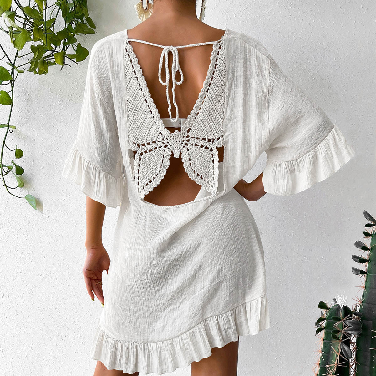 New V Neck Flare Sleeve Back Butterfly Print Sun Protection Dress, Bestseller Beach Cover Up Dress For Amazon – Premium 4 | RICALOUX