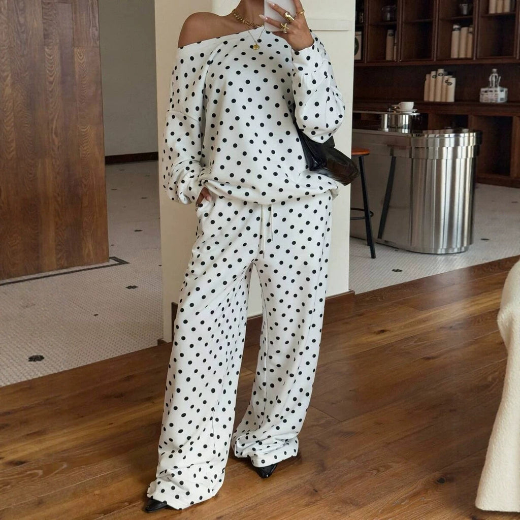 Polka-dot Print Long-sleeve Pants Casual Loose-fitting Set by Ricaloux