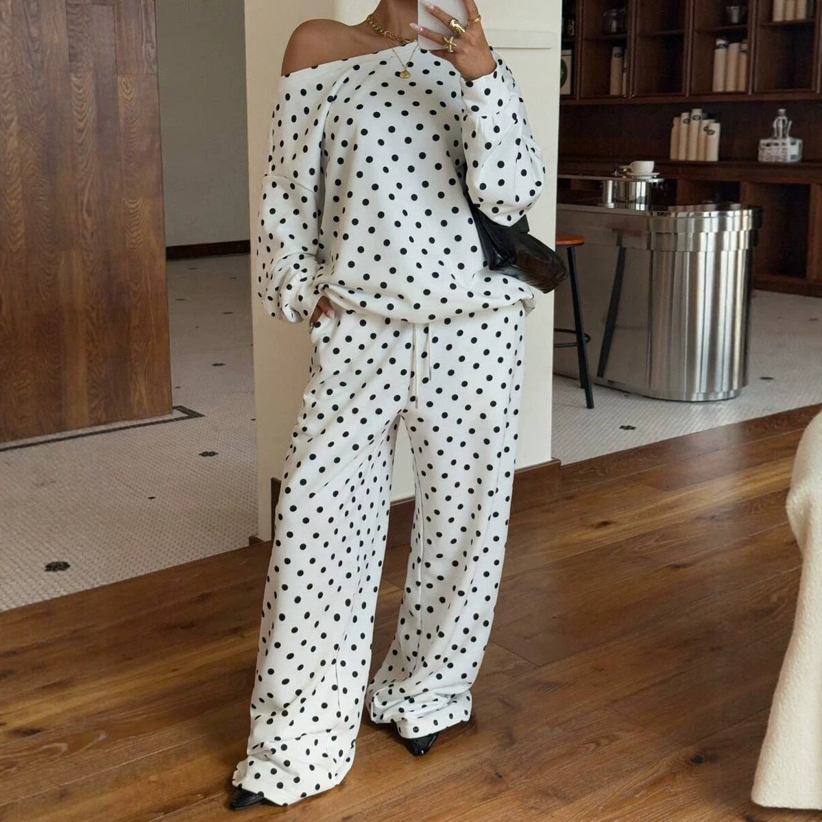 Polka-dot Print Long-sleeve Pants Casual Loose-fitting Set by Ricaloux