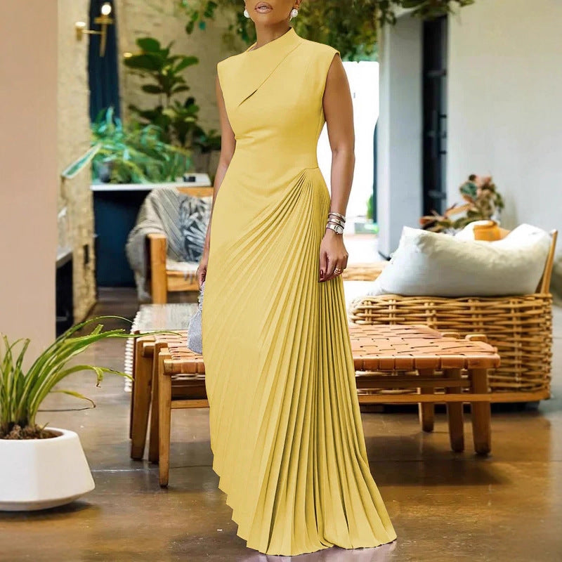 Womens Solid Color Sleeveless Solid-Color Pleated Dress by Ricaloux