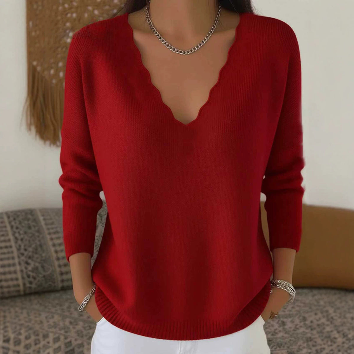 Solid-color Casual Knitted V-neck Loose Sweater by Ricaloux