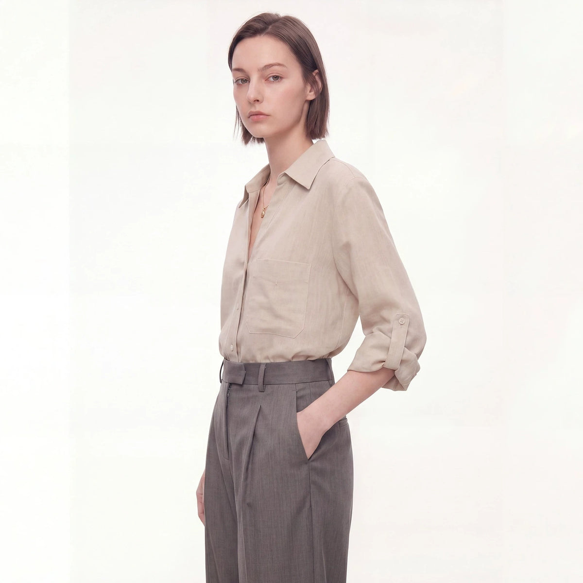 Womens Natural Pure Linen V-Neck Shirt – Premium 0 | RICALOUX
