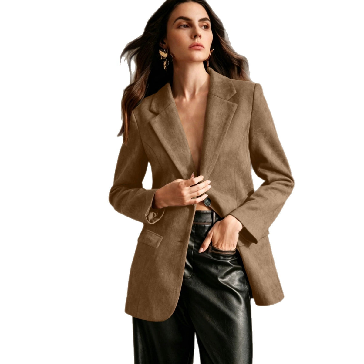 Double-breasted Suede Velvet Blazer With Flap Pockets And Long Sleeves – Premium 0 | RICALOUX
