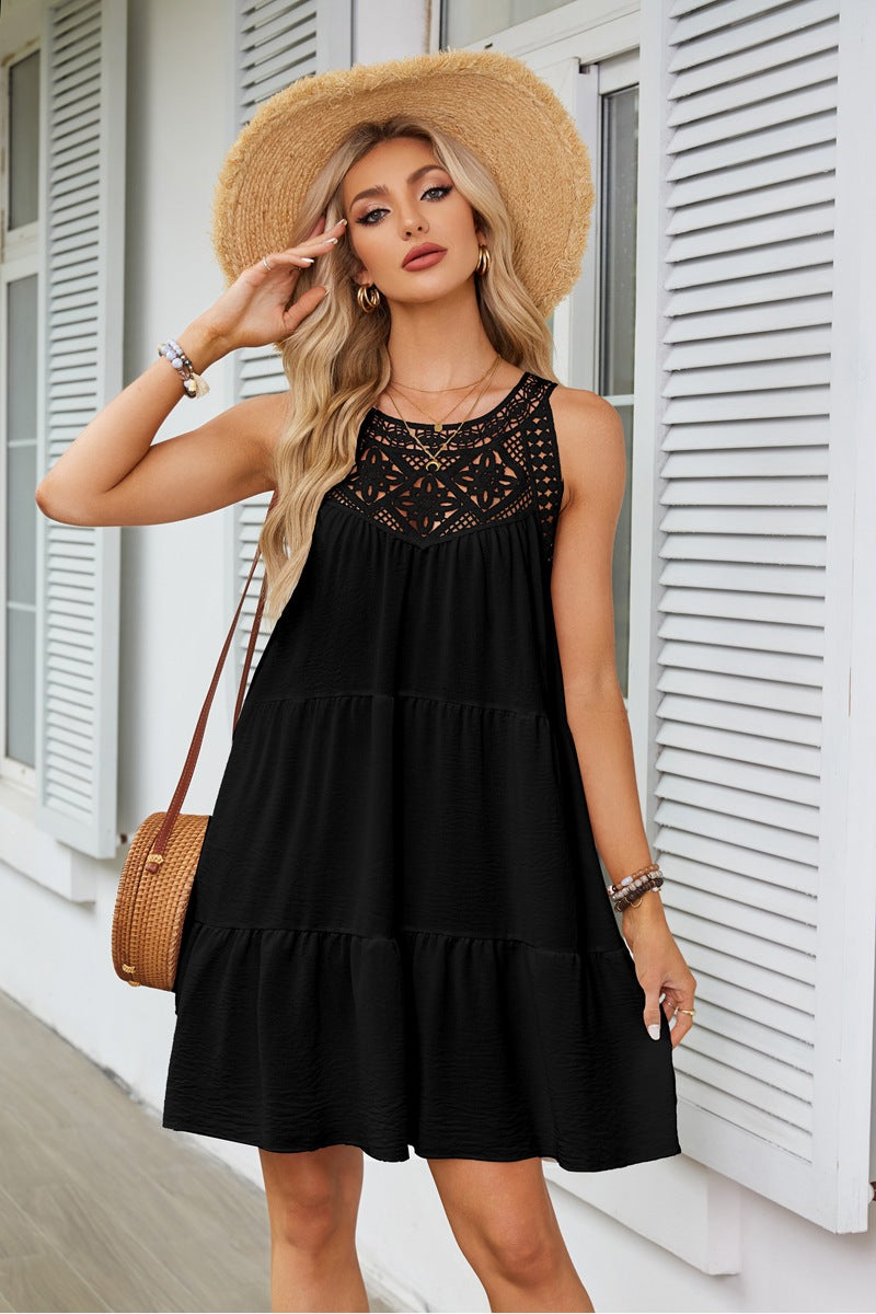 Womens Hollowed-Out Lace-Trimmed Halterneck A-Line Dress by Ricaloux