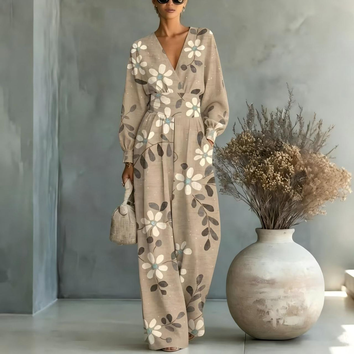 V-neck Long-sleeve Womens Printed Jumpsuit – Premium 0 | RICALOUX