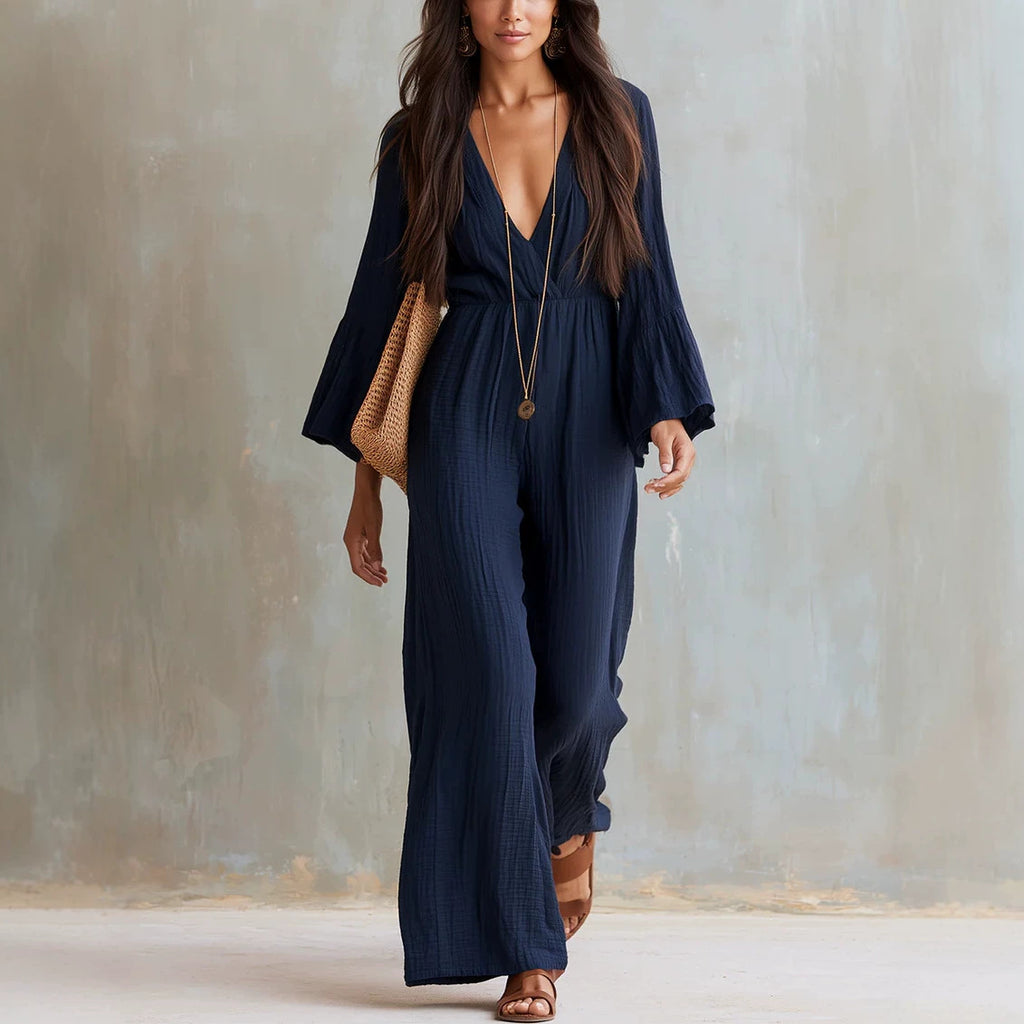 Womens Long-sleeve V-neck Bohemian-style Elastic-waist Jumpsuit by Ricaloux