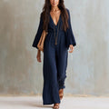 Womens Long-sleeve V-neck Bohemian-style Elastic-waist Jumpsuit by Ricaloux