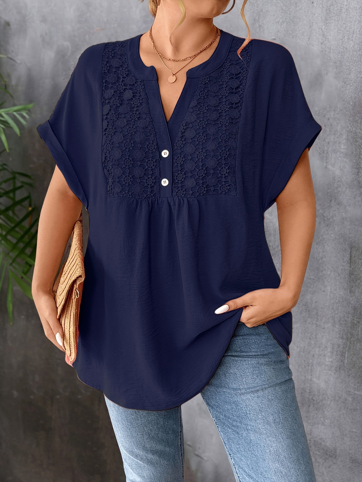 Womens Solid-Color Lace V-Neck Short-Sleeve Top With Buttons by Ricaloux