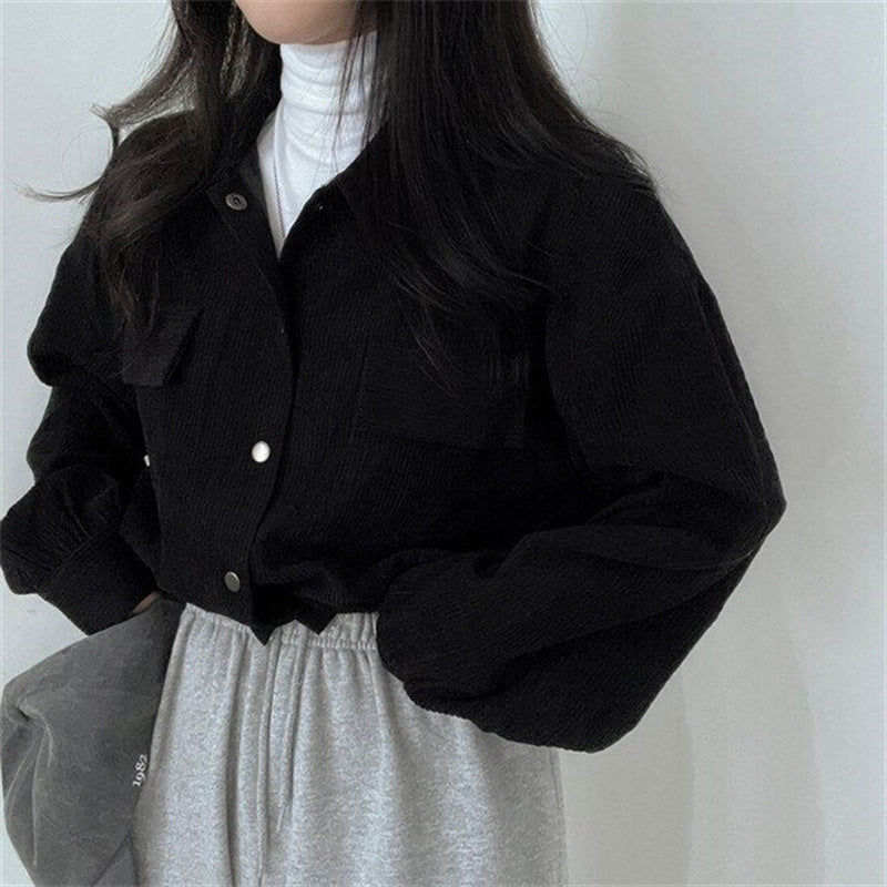 Notch-collar Cropped Drawstring Long-sleeve Shirt Corduroy Jacket – Premium 0 | RICALOUX
